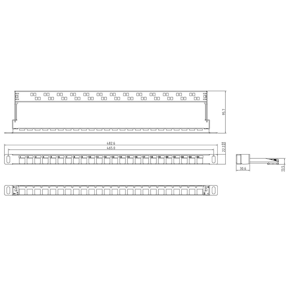 Панель Hyperline PPBLHD-19-24S-SH-RM Модульная патч-панель 19", 24 порта, Flat Type, 0.5U, для экранированных и неэкранированных модулей Keystone Jack (кроме KJ1-C2, KJ2-C5e, KJ2-C6), с задним кабельным организатором (без модулей)
