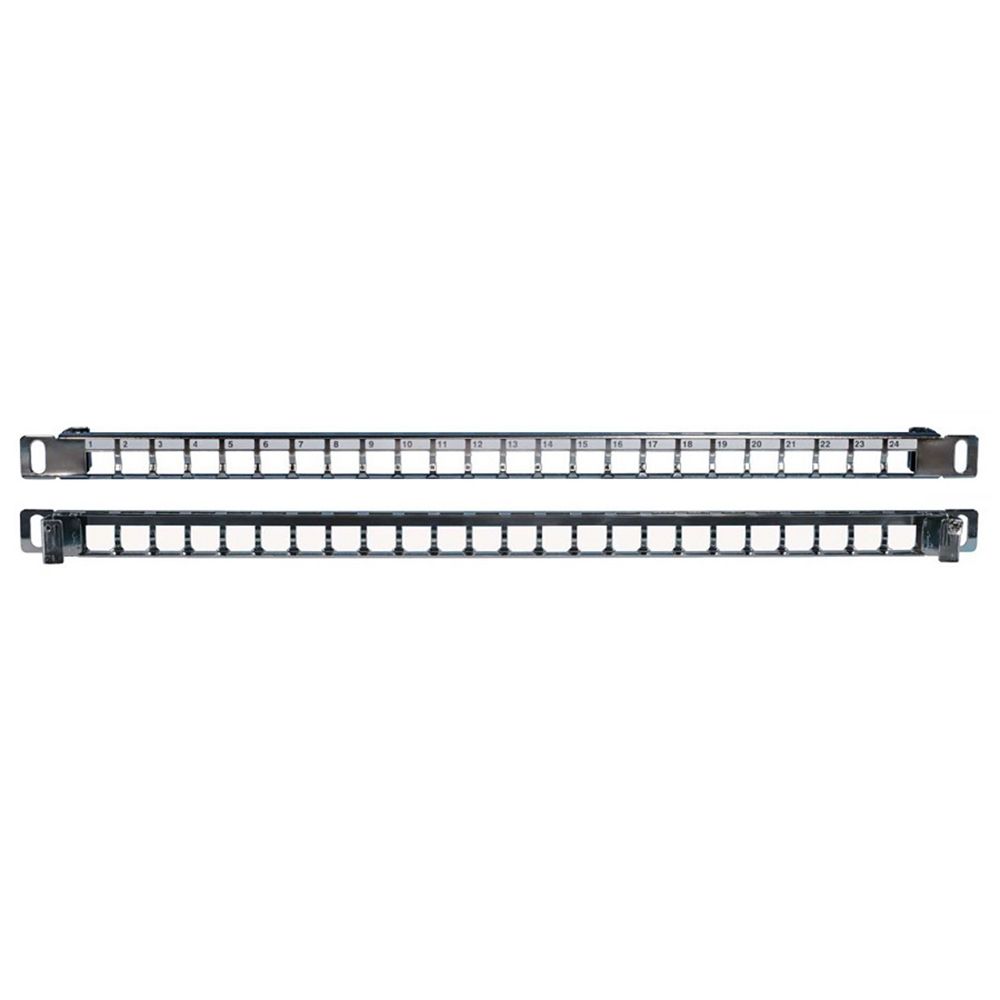 Панель Hyperline PPBLHD-19-24S-SH-RM Модульная патч-панель 19", 24 порта, Flat Type, 0.5U, для экранированных и неэкранированных модулей Keystone Jack (кроме KJ1-C2, KJ2-C5e, KJ2-C6), с задним кабельным организатором (без модулей)