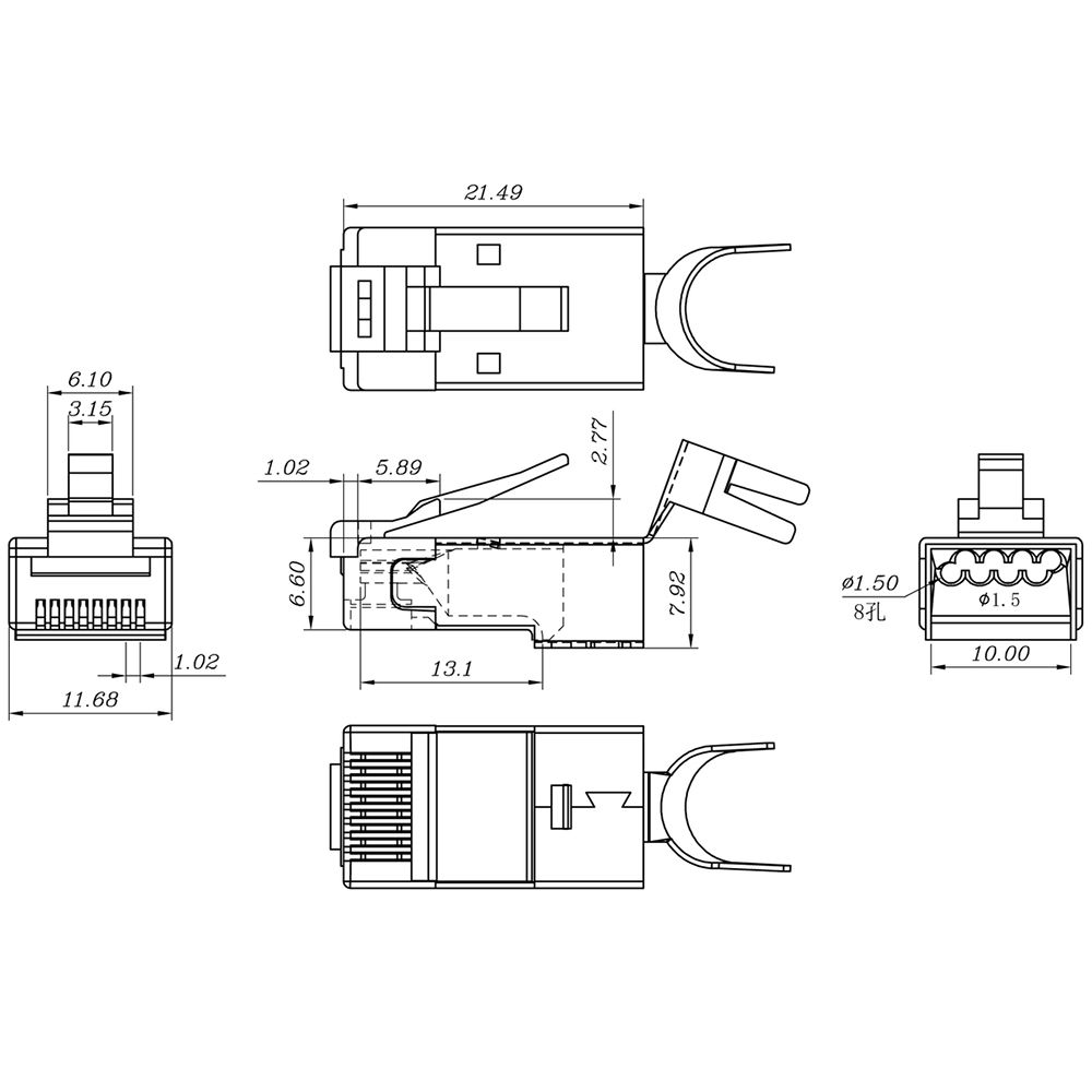 Разъем Hyperline PLUG-8P8C-UV-C6-TW-SH-10 Разъем RJ-45(8P8C) под витую пару, категория 6/6A (50 μ"/ 50 микродюймов), экранированный, универсальный (для одножильного и многожильного кабеля), для толстых жил 1.35-1.5 мм (с оболочкой), со вставкой, (10 шт)