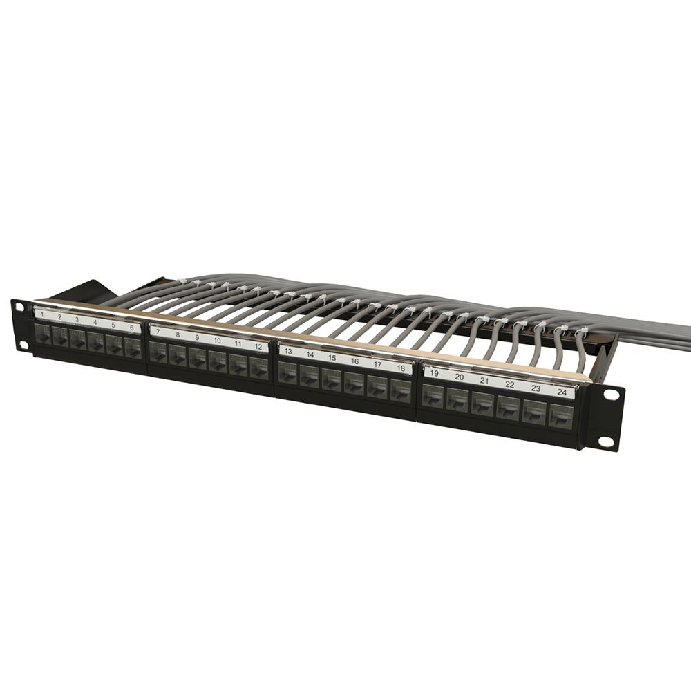 Панель Hyperline PPBL6-19-24-RM Модульная патч-панель 19", 24 порта, 4 съемные панели по 6 модулей, 1U, для экранированных и неэкранированных модулей, с задним кабельным организатором (без модулей)
