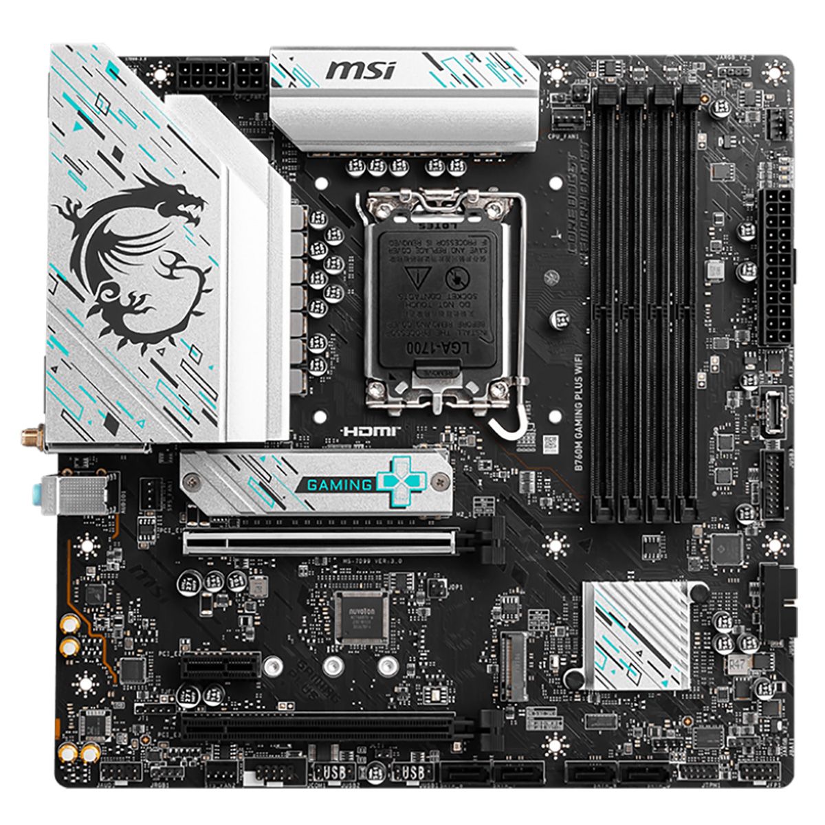 Материнская плата MSI OEM B760M GAMING PLUS WIFI B760, LGA1700, 4*DDR5, 2*PCIEx16, 1*PCIEx1, 2*M.2, 1*TypeC, 2*USB3.2Gen2, 6*USB3.2Gen1, 6*USB2.0, 4*SATA3.0, 2.5G, 2*DP, 2*HDMI, M-ATX, RTL oem