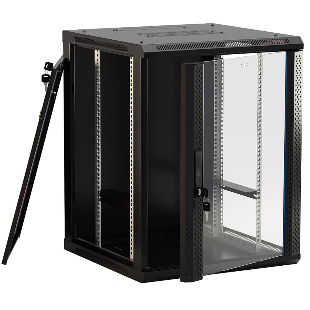 Шкаф Hyperline TWB-1545-GP-RAL9004 настенный 15U 775x600х450мм, стеклянная дверь с перфорацией по бокам, ручка с замком, цвет черный (RAL 9004) (разобранный) (075086)