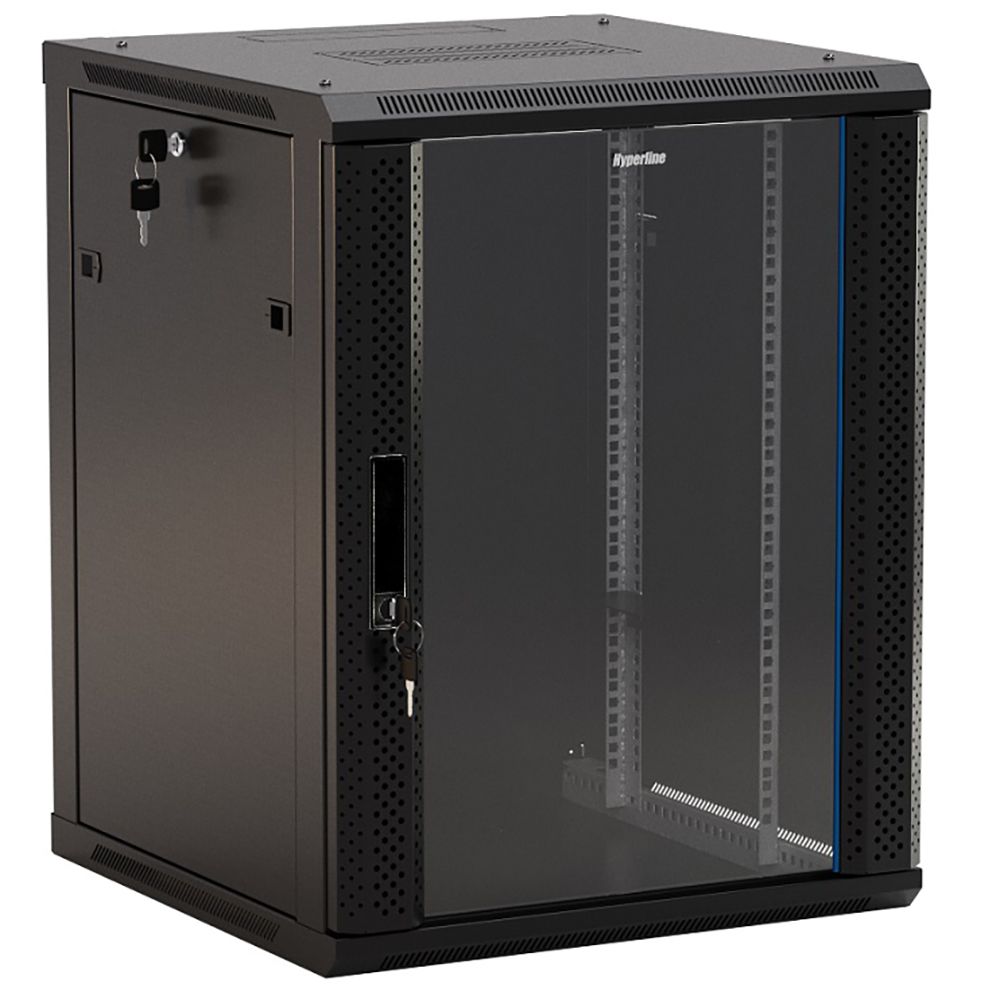 Шкаф Hyperline TWB-1545-GP-RAL9004 настенный 15U 775x600х450мм, стеклянная дверь с перфорацией по бокам, ручка с замком, цвет черный (RAL 9004) (разобранный) (075086)
