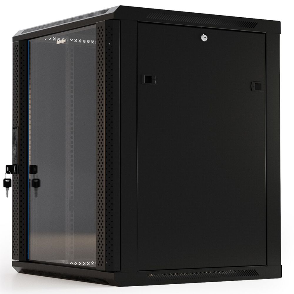 Шкаф Hyperline TWB-1545-GP-RAL9004 настенный 15U 775x600х450мм, стеклянная дверь с перфорацией по бокам, ручка с замком, цвет черный (RAL 9004) (разобранный) (075086)