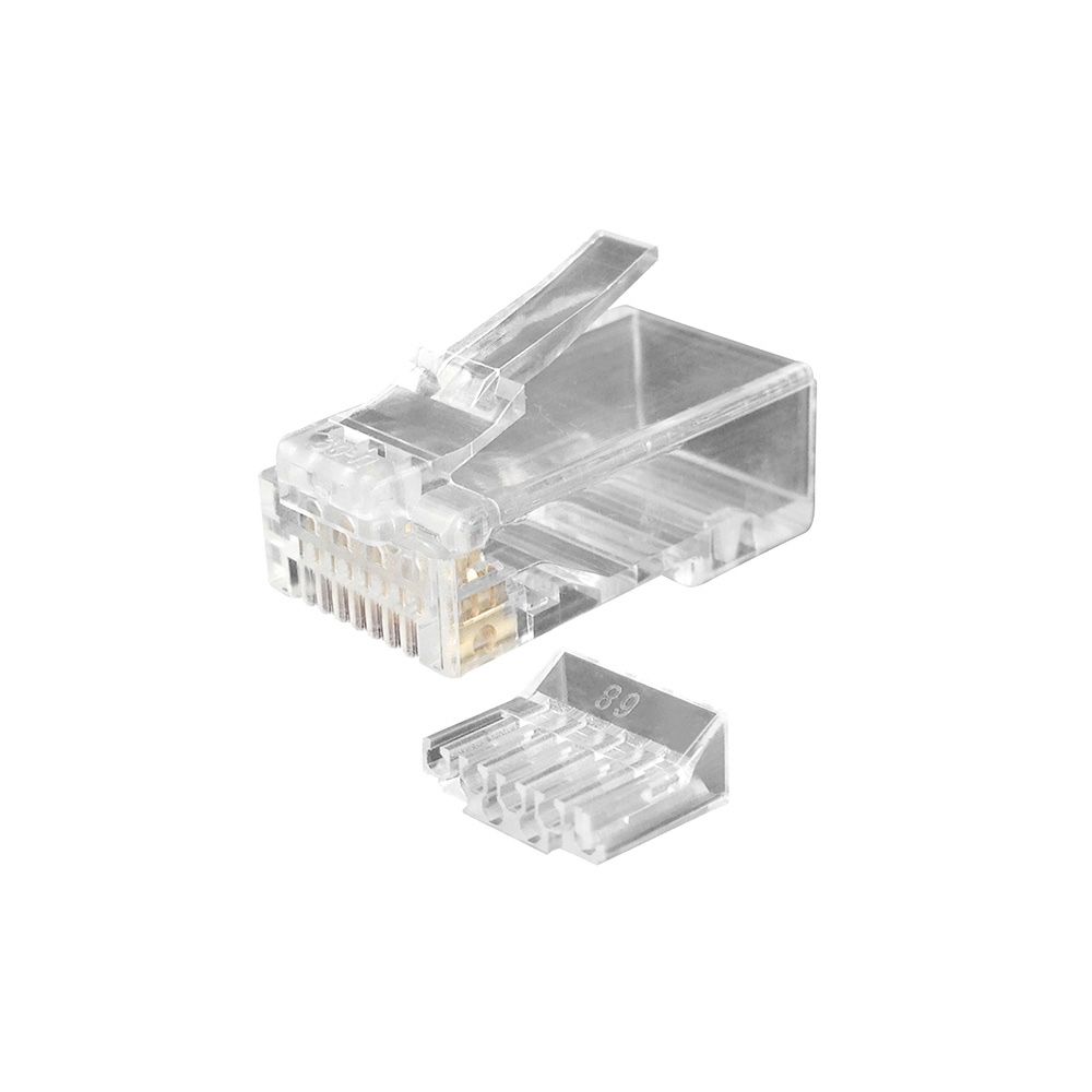 Разъем Hyperline Разъем RJ-45(8P8C) под витую пару, категория 6 (50 µ"/ 50 микродюймов), универсальный (для одножильного и многожильного кабеля), со вставкой (100 шт)