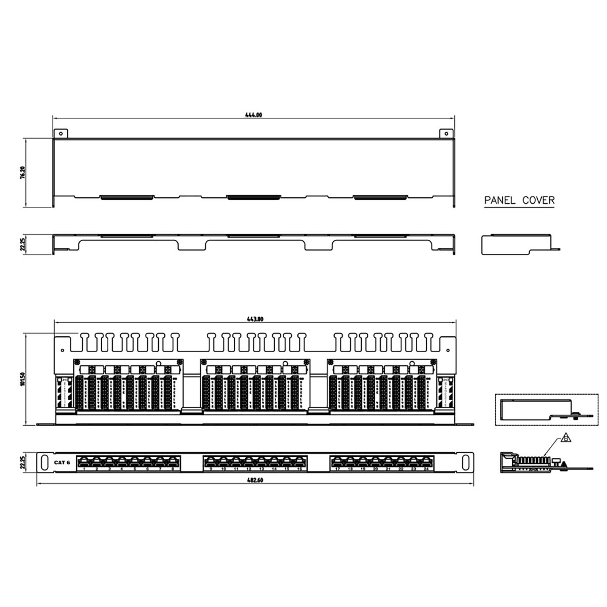 Панель Hyperline PPHD-19-24-8P8C-C6-SH-110D Патч-панель высокой плотности 19", 0.5U, 24 порта RJ-45, категория 6, Dual IDC, экранированная