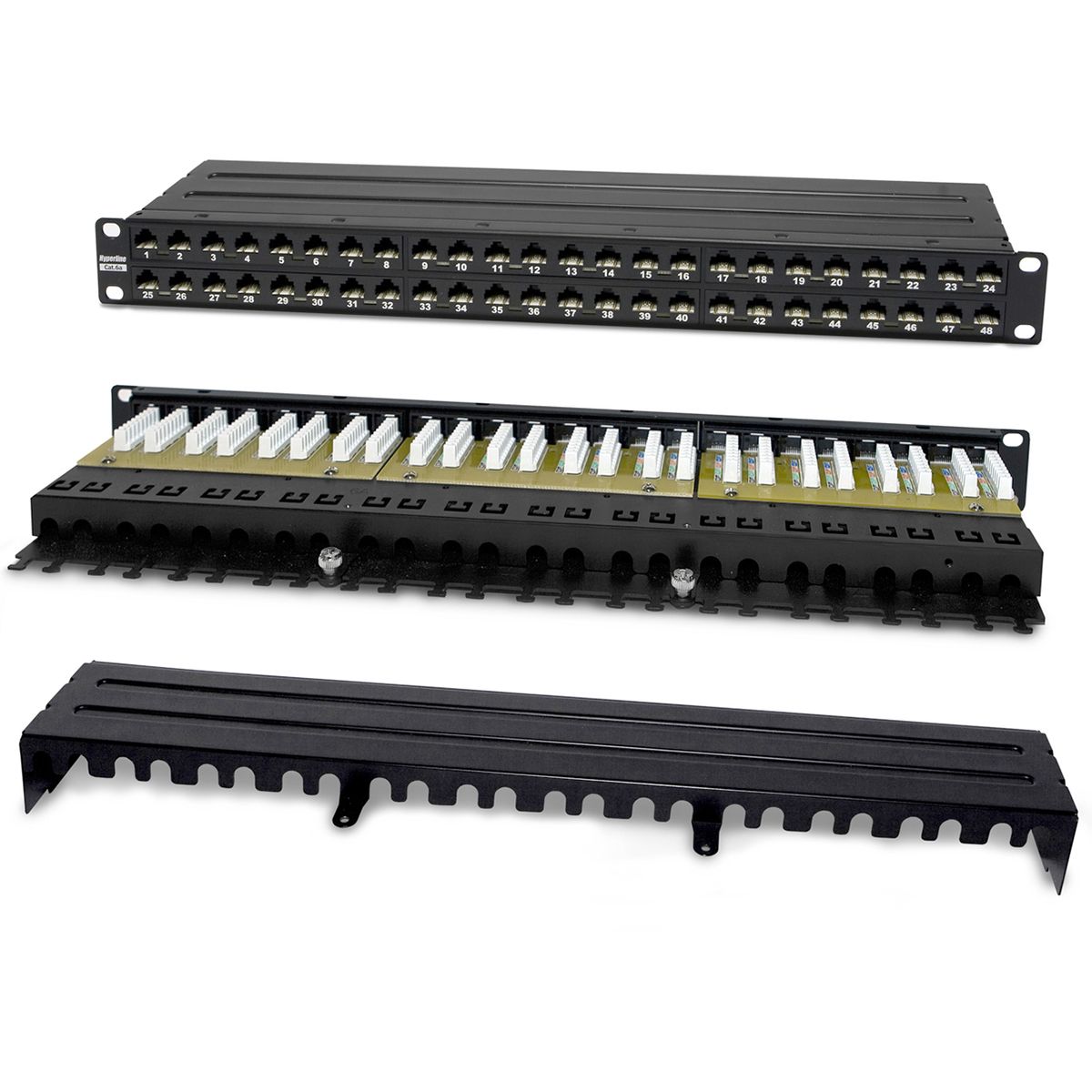 Панель Hyperline PPHD-19-48-8P8C-C6A-110D Патч-панель высокой плотности 19", 1U, 48 портов RJ-45, неэкранированная, категория 6A, Dual IDC