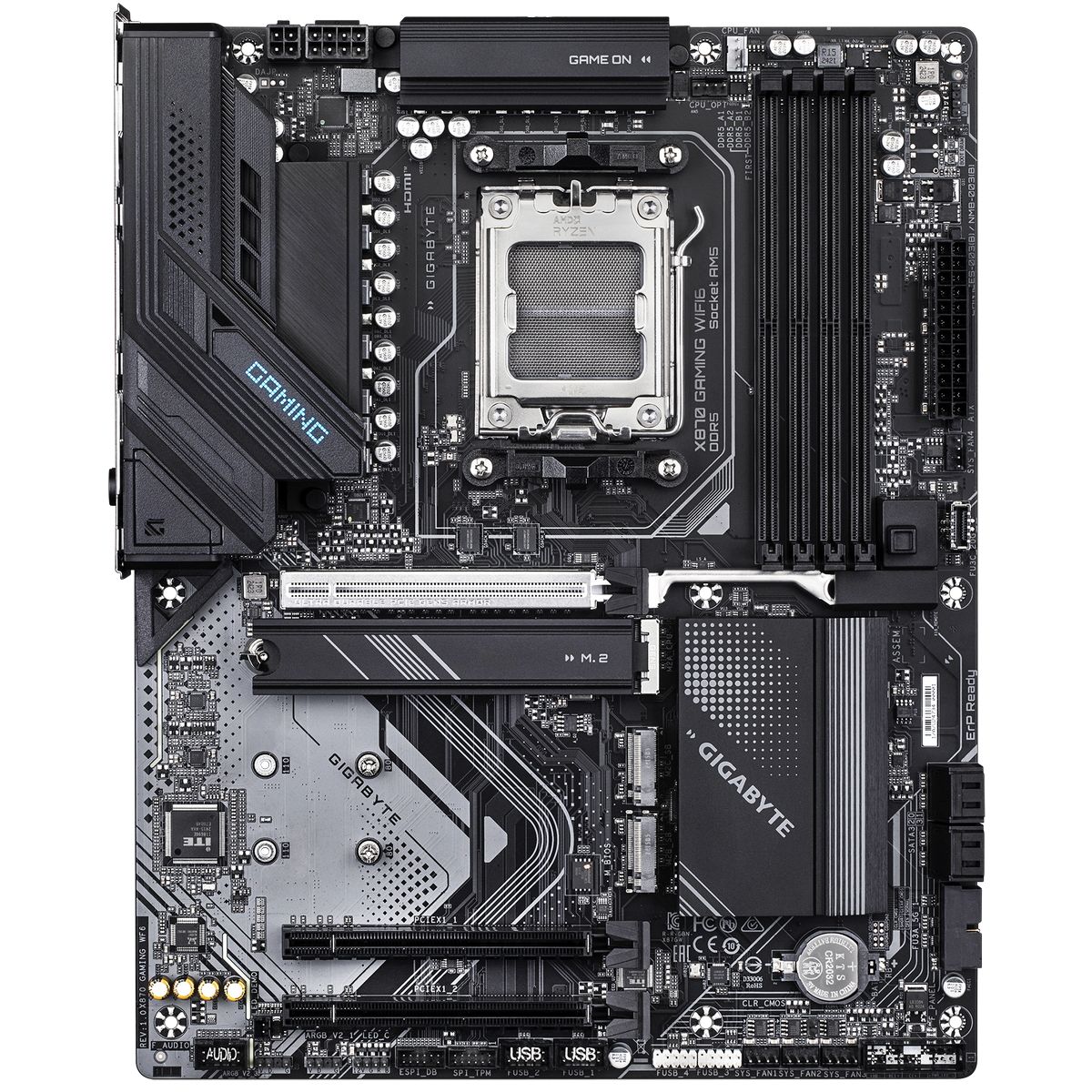 Материнская плата Gigabyte OEM X870 GAMING WIFI6, Socket AM5, AMD X870, 4xDDR5-5200, HDMI, 3xPCI-Ex16, 4xSATA3(RAID 0/1/10), 3xM.2, 8 Ch Audio, 1x2,5GLan, WIFI, (4+4)xUSB2.0, (4+2)xUSB3.2, (2+1)xUSB Type-C™, ATX, RTL