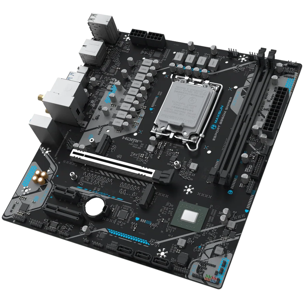 Материнская плата Maxsun MS-eSport B860M SNIPER WIFI B860, LGA1851, 2*DDR5, 1*PCIEx16, 1*PCIEx4, 1*PCIEx1, 2*M.2, 4*USB3.2Gen2, 2*USB3.2Gen1, 6*USB2.0, 3*SATA3.0, 2.5G, Type-C(DP), DP, HDMI, M-ATX, RTL
