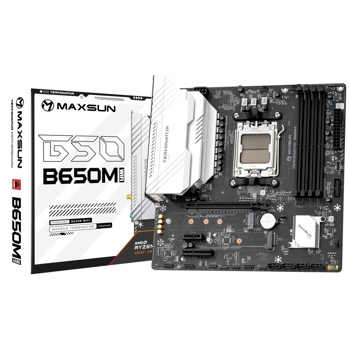 Материнская плата Maxsun MS-Terminator B650M WIFI6 B650, AM5, 4*DDR5, 1*PCIEx16, 1*PCIEx4, 1*PCIEx1, 2*M.2, 2*TypeC, 6*USB3.2Gen1, 6*USB2.0, 4*SATA3.0, 2.5G, DP, HDMI, M-ATX, RTL