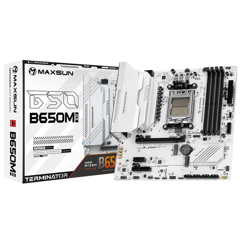 Материнская плата Maxsun MS-Terminator B650M WIFI ICE B650, AM5, 4*DDR5, 1*PCIEx16, 1*PCIEx4, 1*PCIEx1, 2*M.2, 2*TypeC, 6*USB3.2Gen1, 6*USB2.0, 4*SATA3.0, 2.5G, DP, HDMI, M-ATX, RTL