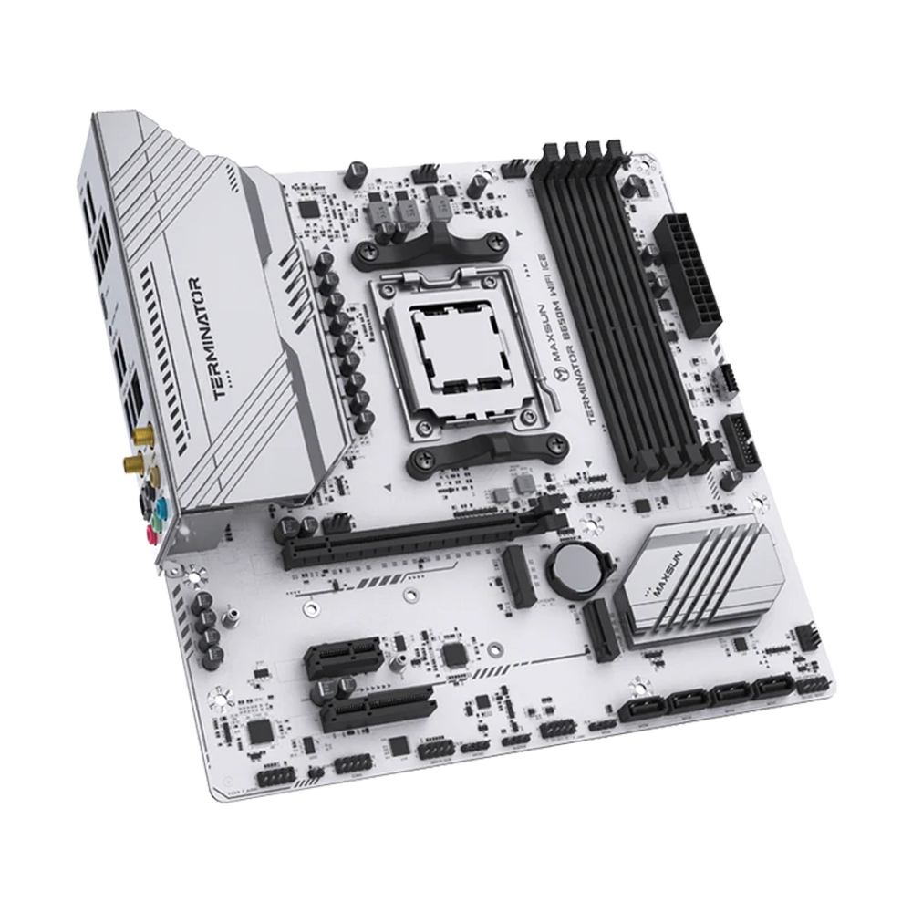 Материнская плата Maxsun MS-Terminator B650M WIFI ICE B650, AM5, 4*DDR5, 1*PCIEx16, 1*PCIEx4, 1*PCIEx1, 2*M.2, 2*TypeC, 6*USB3.2Gen1, 6*USB2.0, 4*SATA3.0, 2.5G, DP, HDMI, M-ATX, RTL