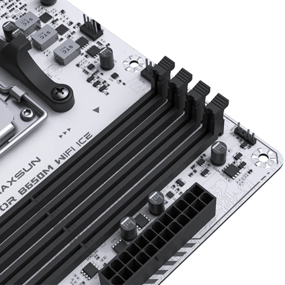 Материнская плата Maxsun MS-Terminator B650M WIFI ICE B650, AM5, 4*DDR5, 1*PCIEx16, 1*PCIEx4, 1*PCIEx1, 2*M.2, 2*TypeC, 6*USB3.2Gen1, 6*USB2.0, 4*SATA3.0, 2.5G, DP, HDMI, M-ATX, RTL
