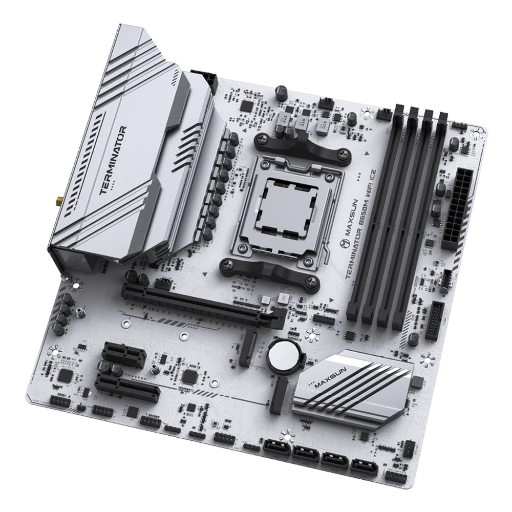 Материнская плата Maxsun MS-Terminator B650M WIFI ICE B650, AM5, 4*DDR5, 1*PCIEx16, 1*PCIEx4, 1*PCIEx1, 2*M.2, 2*TypeC, 6*USB3.2Gen1, 6*USB2.0, 4*SATA3.0, 2.5G, DP, HDMI, M-ATX, RTL