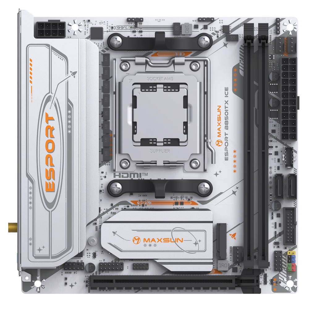 Материнская плата Maxsun MS-eSport B850ITX WIFI ICE B850, AM5, 2*DDR5, 1*PCIEx16, 1*PCIEx1, 2*M.2, 6*USB3.2Gen1, 4*USB2.0, 2*SATA3.0, 2.5G, DP, HDMI, Mini-ITX, RTL