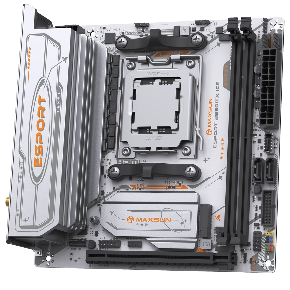 Материнская плата Maxsun MS-eSport B850ITX WIFI ICE B850, AM5, 2*DDR5, 1*PCIEx16, 1*PCIEx1, 2*M.2, 6*USB3.2Gen1, 4*USB2.0, 2*SATA3.0, 2.5G, DP, HDMI, Mini-ITX, RTL