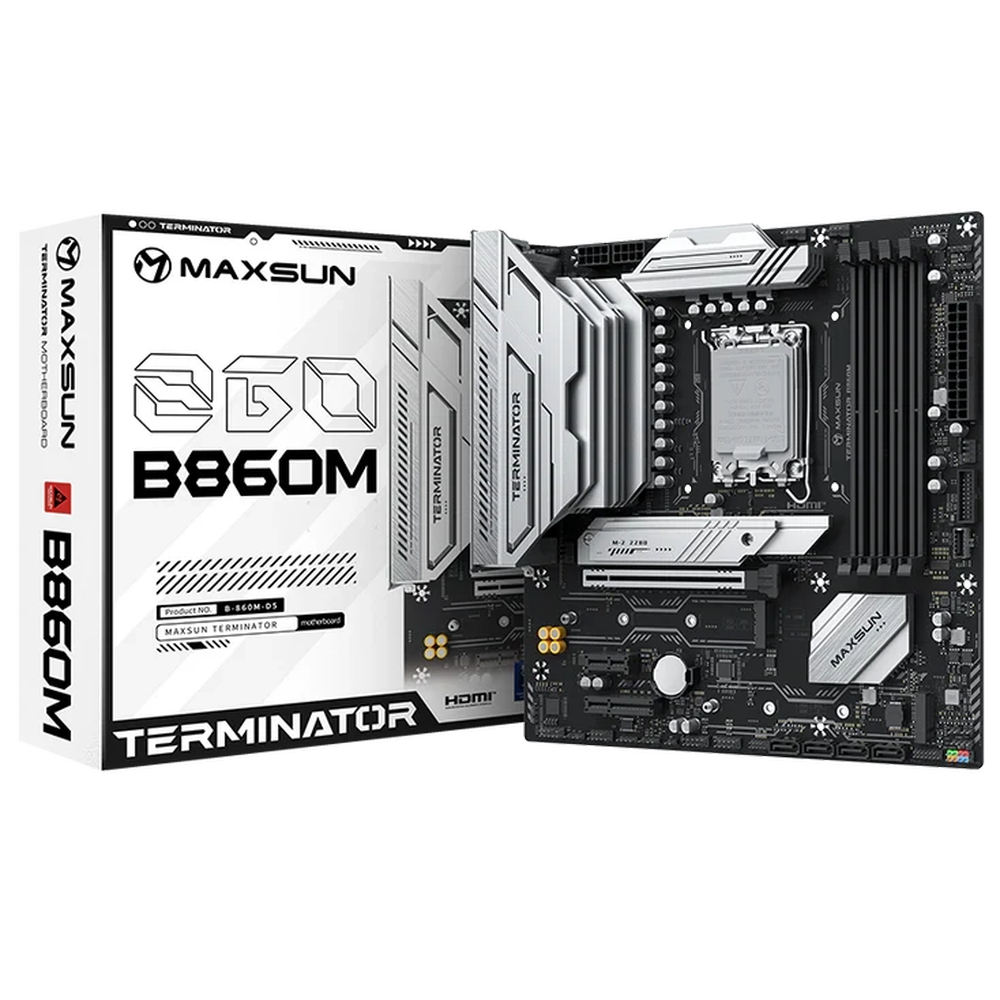 Материнская плата Maxsun MS-Terminator B860M B860, LGA1851, 4*DDR5, 1*PCIEx16, 1*PCIEx4, 1*PCIEx1, 3*M.2, 1*TypeC, 2*USB3.2Gen2, 2*USB3.2Gen1, 10*USB2.0, 4*SATA3.0, 2.5G, Type-C(DP), DP, HDMI, M-ATX, RTL
