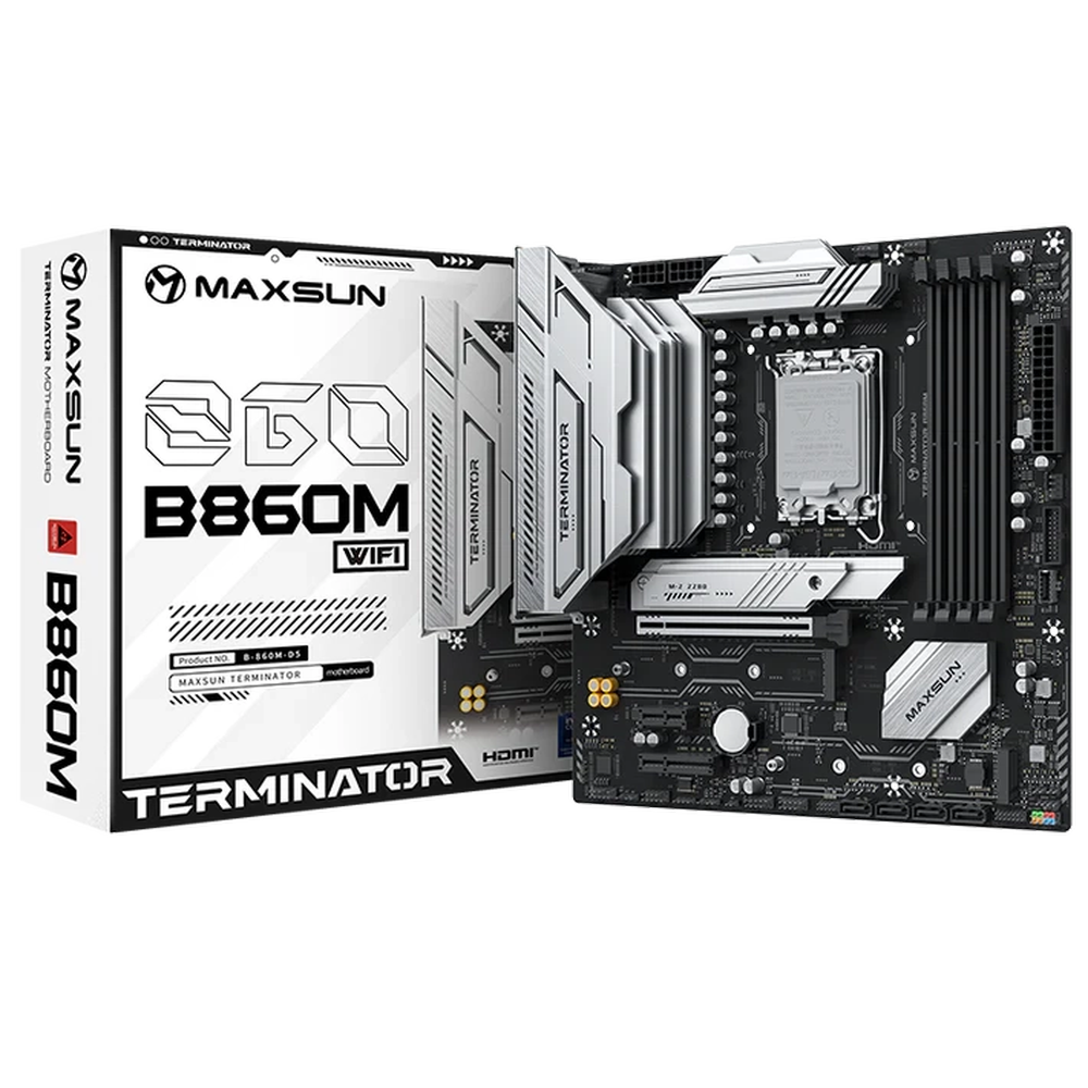 Материнская плата Maxsun MS-Terminator B860M WIFI B860, LGA1851, 4*DDR5, 1*PCIEx16, 1*PCIEx4, 1*PCIEx1, 3*M.2, 1*TypeC, 2*USB3.2Gen2, 2*USB3.2Gen1, 10*USB2.0, 4*SATA3.0, 2.5G, Type-C(DP), DP, HDMI, M-ATX, RTL