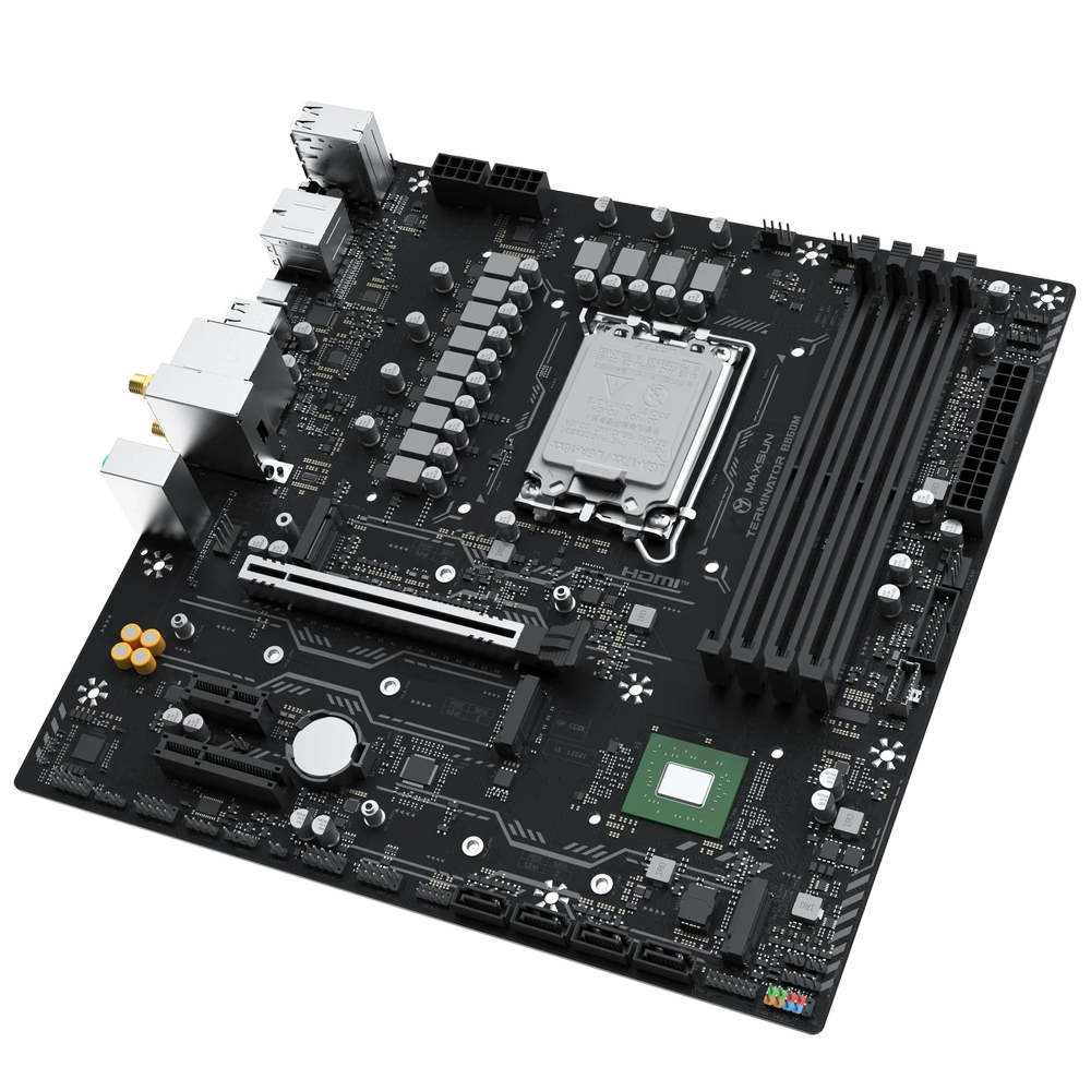 Материнская плата Maxsun MS-Terminator B860M WIFI B860, LGA1851, 4*DDR5, 1*PCIEx16, 1*PCIEx4, 1*PCIEx1, 3*M.2, 1*TypeC, 2*USB3.2Gen2, 2*USB3.2Gen1, 10*USB2.0, 4*SATA3.0, 2.5G, Type-C(DP), DP, HDMI, M-ATX, RTL