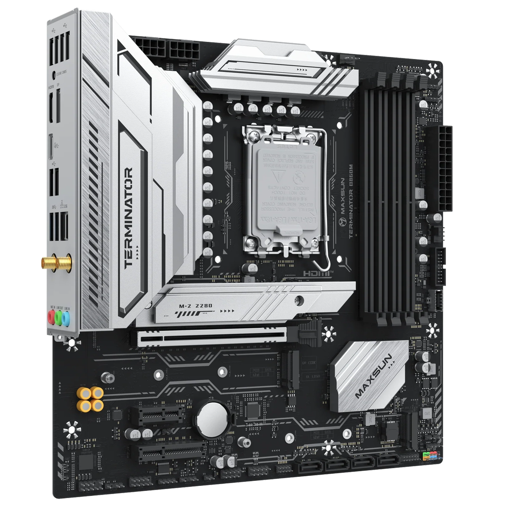 Материнская плата Maxsun MS-Terminator B860M WIFI B860, LGA1851, 4*DDR5, 1*PCIEx16, 1*PCIEx4, 1*PCIEx1, 3*M.2, 1*TypeC, 2*USB3.2Gen2, 2*USB3.2Gen1, 10*USB2.0, 4*SATA3.0, 2.5G, Type-C(DP), DP, HDMI, M-ATX, RTL