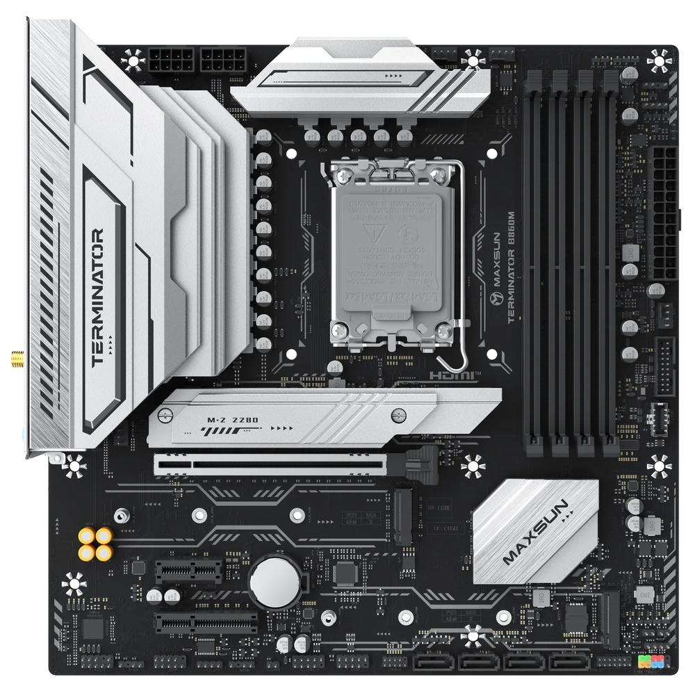 Материнская плата Maxsun MS-Terminator B860M WIFI B860, LGA1851, 4*DDR5, 1*PCIEx16, 1*PCIEx4, 1*PCIEx1, 3*M.2, 1*TypeC, 2*USB3.2Gen2, 2*USB3.2Gen1, 10*USB2.0, 4*SATA3.0, 2.5G, Type-C(DP), DP, HDMI, M-ATX, RTL