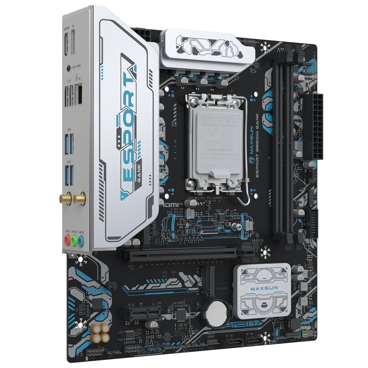 Материнская плата Maxsun MS-eSport B860M GANK WIFI B860, LGA1851, 2*DDR5, 1*PCIEx16, 1*PCIEx1, 2*M.2, 6*USB3.2Gen1, 4*USB2.0, 2*SATA3.0, 1G, DP, HDMI, M-ATX, RTL