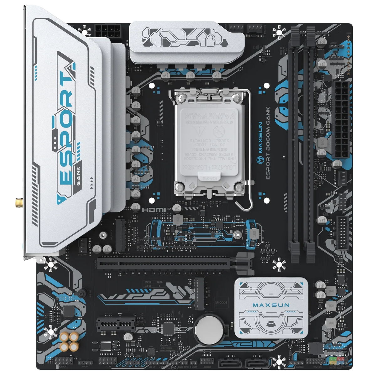 Материнская плата Maxsun MS-eSport B860M GANK WIFI B860, LGA1851, 2*DDR5, 1*PCIEx16, 1*PCIEx1, 2*M.2, 6*USB3.2Gen1, 4*USB2.0, 2*SATA3.0, 1G, DP, HDMI, M-ATX, RTL