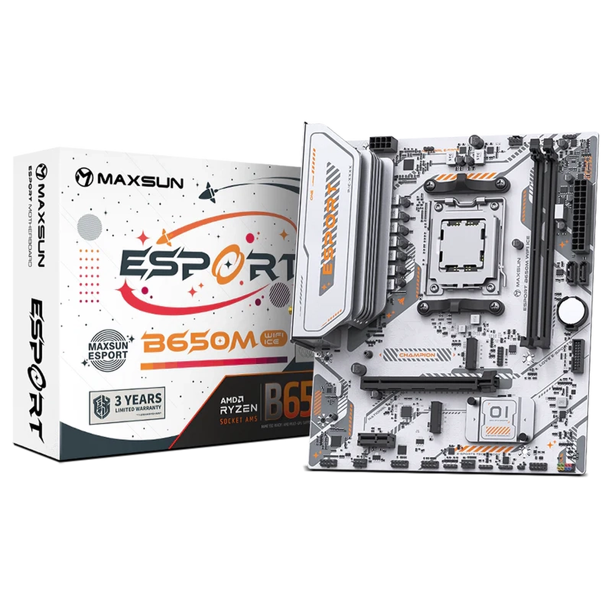Материнская плата Maxsun MS-eSport B650M WIFI6 ICE B650, AM5, 2*DDR5, 1*PCIEx16, 1*PCIEx1, 2*M.2, 6*USB3.2Gen1, 4*USB2.0, 2*SATA3.0, 1G, DP, HDMI, M-ATX, RTL