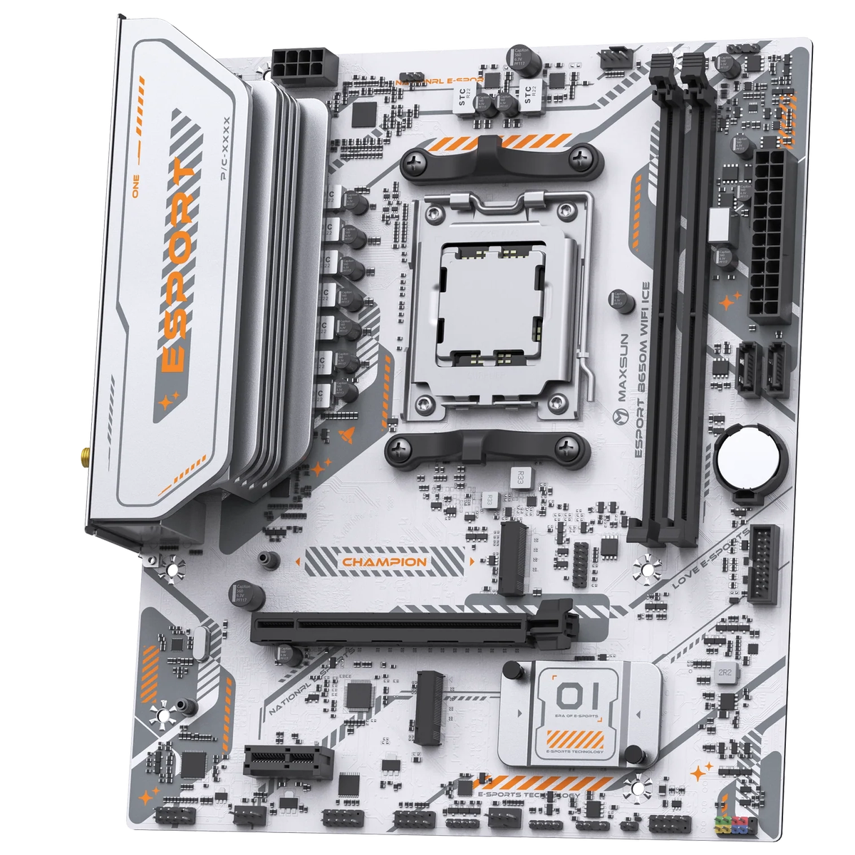 Материнская плата Maxsun MS-eSport B650M WIFI6 ICE B650, AM5, 2*DDR5, 1*PCIEx16, 1*PCIEx1, 2*M.2, 6*USB3.2Gen1, 4*USB2.0, 2*SATA3.0, 1G, DP, HDMI, M-ATX, RTL