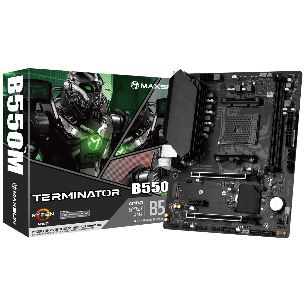 Материнская плата Maxsun MS-Terminator B550M B550, AM4, 2*DDR4, 1*PCIEx16, 1*PCIEx4, 1*PCIEx1, 1*M.2, 4*USB3.2Gen1, 6*USB2.0, 4*SATA3.0, 1G, VGA, HDMI, M-ATX, RTL