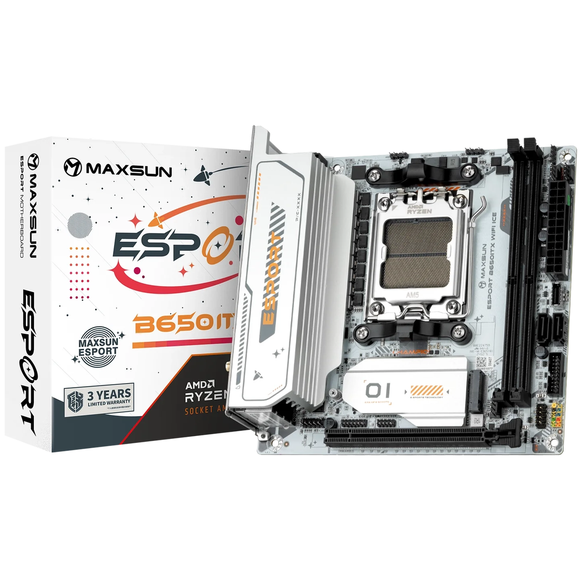 Материнская плата Maxsun MS-eSport B650ITX WIFI ICE B650, AM5, 2*DDR5, 1*PCIEx16, 1*PCIEx1, 2*M.2, 6*USB3.2Gen1, 4*USB2.0, 2*SATA3.0, 2.5G, DP, HDMI, Mini-ATX, RTL