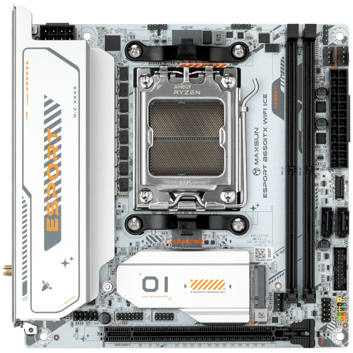 Материнская плата Maxsun MS-eSport B650ITX WIFI ICE B650, AM5, 2*DDR5, 1*PCIEx16, 1*PCIEx1, 2*M.2, 6*USB3.2Gen1, 4*USB2.0, 2*SATA3.0, 2.5G, DP, HDMI, Mini-ATX, RTL