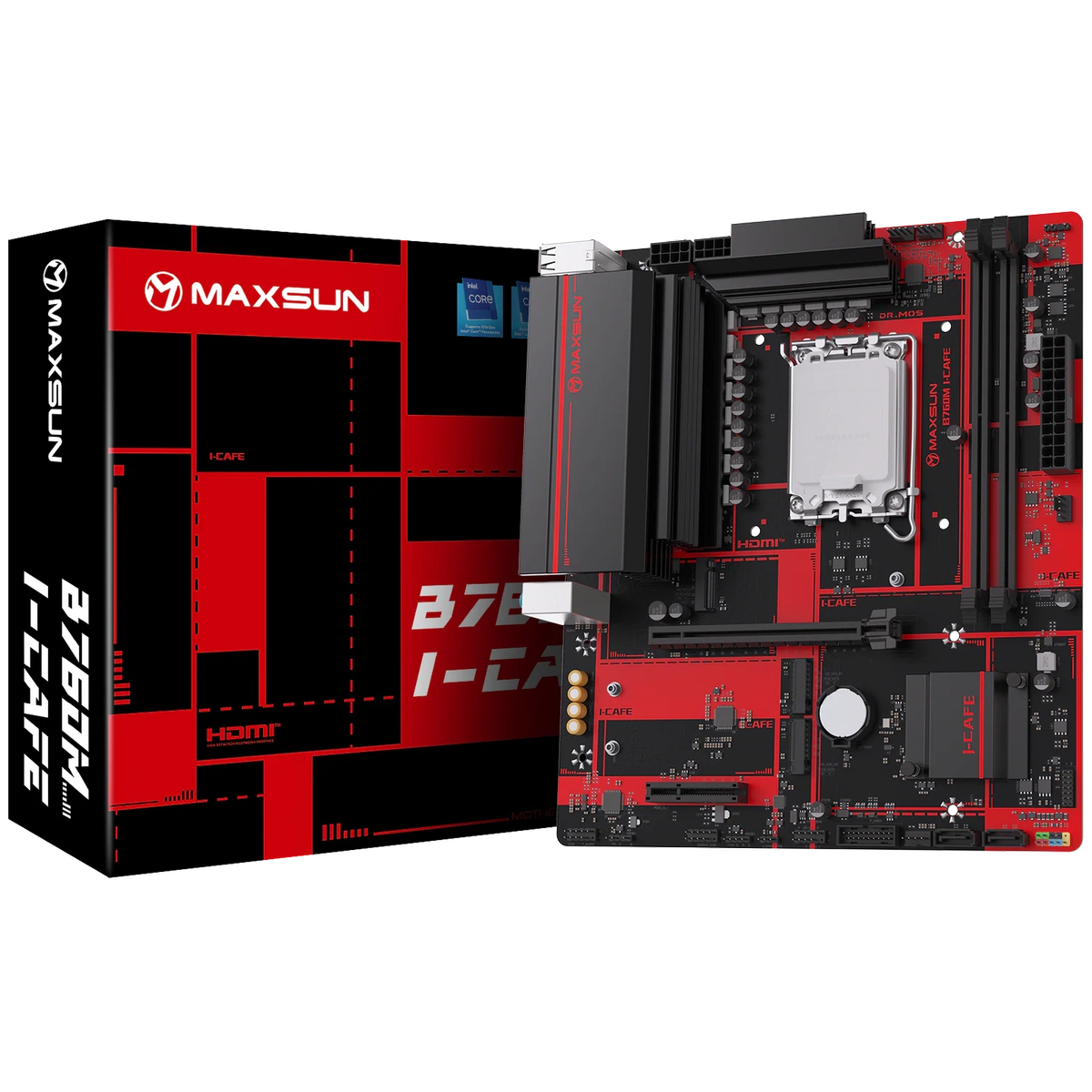 Материнская плата Maxsun MS-B760M I-CAFE B760, LGA1700, 2*DDR5, 1*PCIEx16, 1*PCIEx4, 3*M.2, 4*USB3.2Gen1, 8*USB2.0, 2*SATA3.0, 2.5G, DP, HDMI, M-ATX, RTL