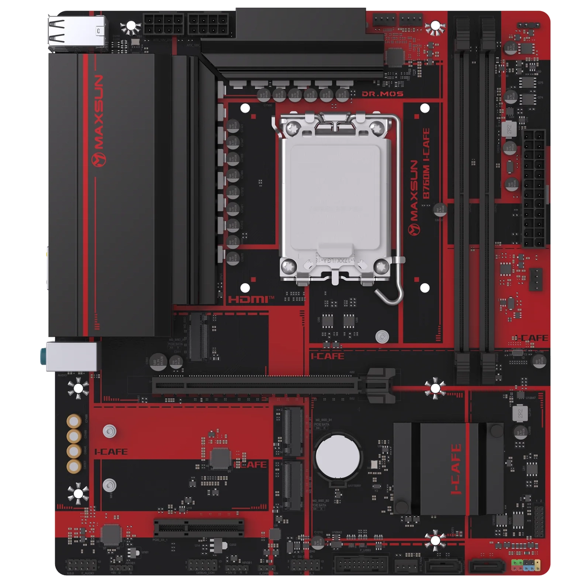 Материнская плата Maxsun MS-B760M I-CAFE B760, LGA1700, 2*DDR5, 1*PCIEx16, 1*PCIEx4, 3*M.2, 4*USB3.2Gen1, 8*USB2.0, 2*SATA3.0, 2.5G, DP, HDMI, M-ATX, RTL