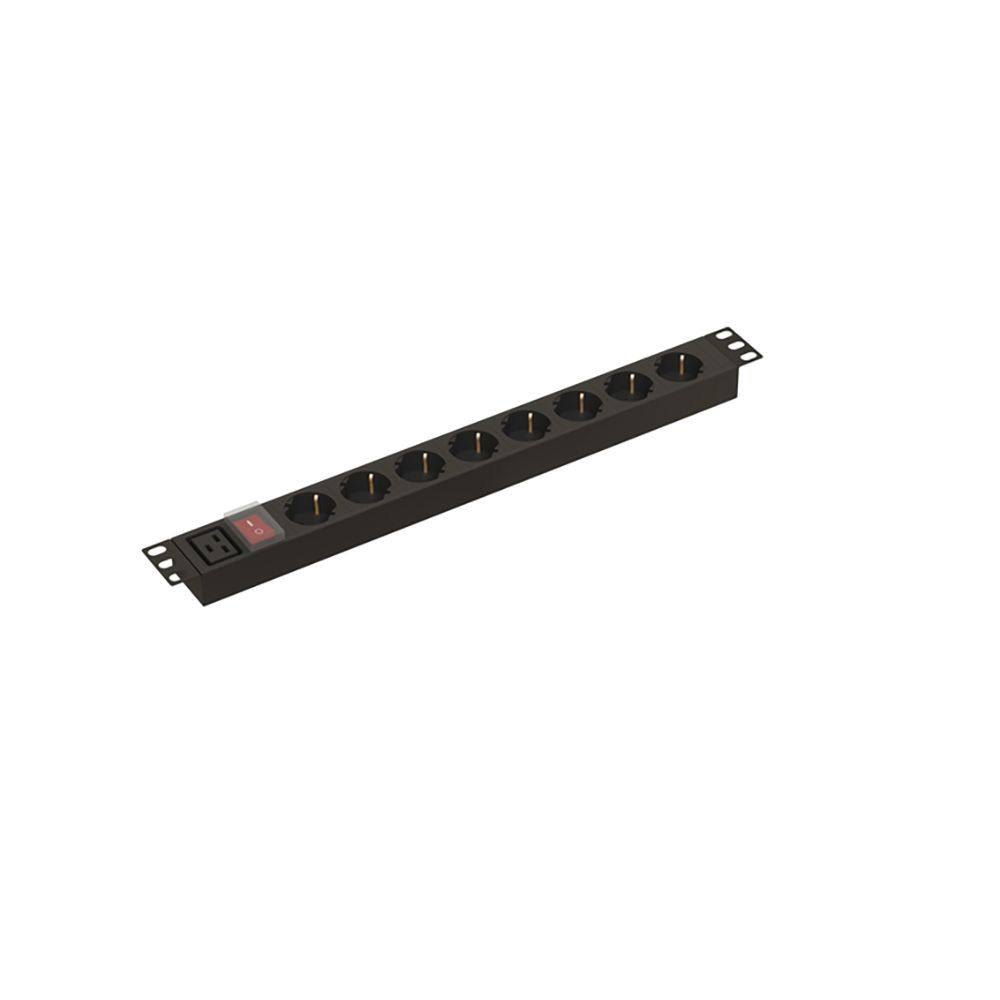 Блок розеток Hyperline SHE19-8SH-S-AIEC /PDU 19", горизонтальный, 8 розеток Schuko, выключатель с подсветкой, входной разъем IEC 60320 C20, без кабеля питания, 16А, 230В, чёрный, 482.6x44.4x44.4мм