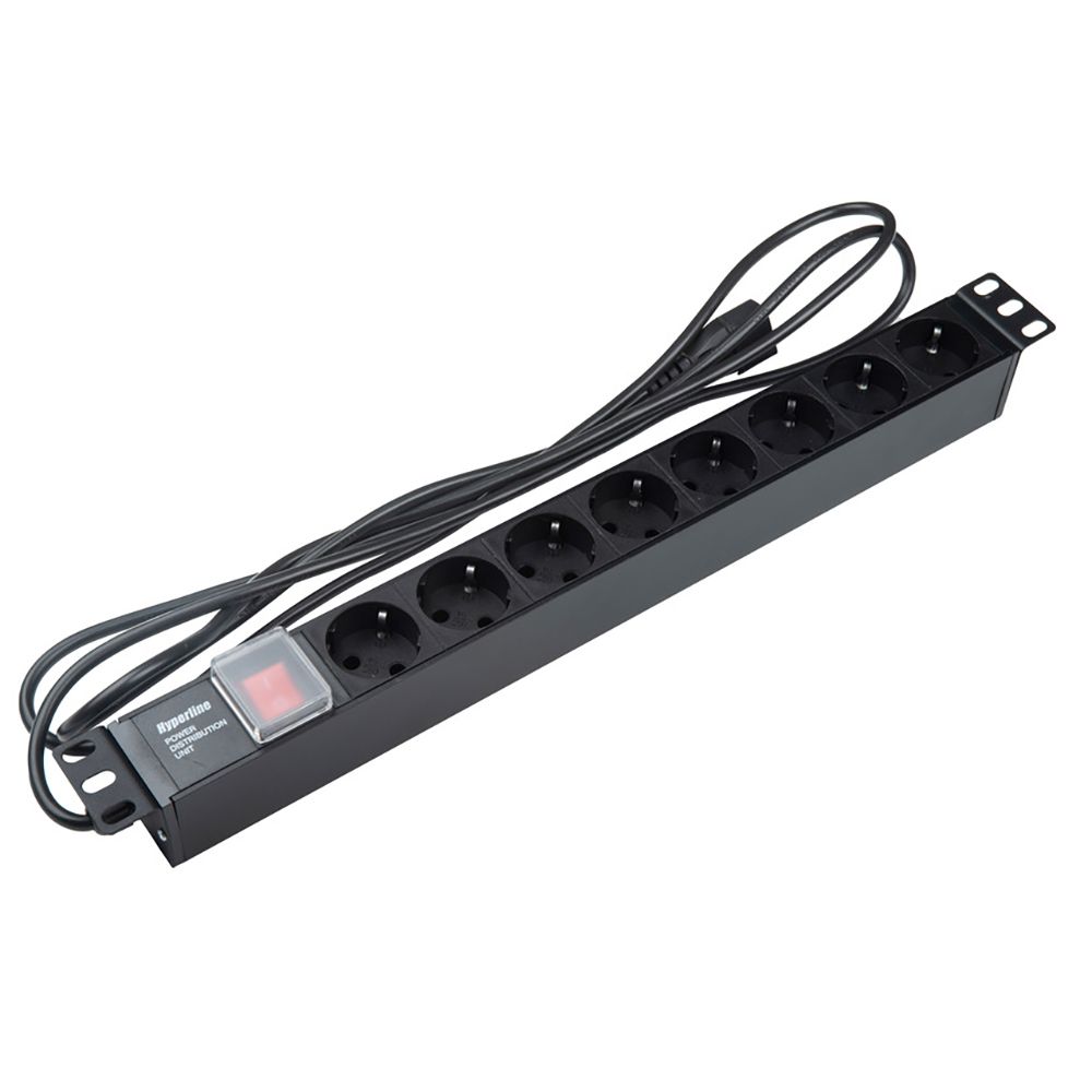 Блок розеток Hyperline SHE19-8SH-S-2.5IEC /PDU 19", горизонтальный, 8 розеток Schuko, выключатель с подсветкой, кабель питания 2.5м (3х1.0мм2) вилкой IEC 60320 C14, 10А, 230В, чёрный, 482.6x44.4x44.4мм