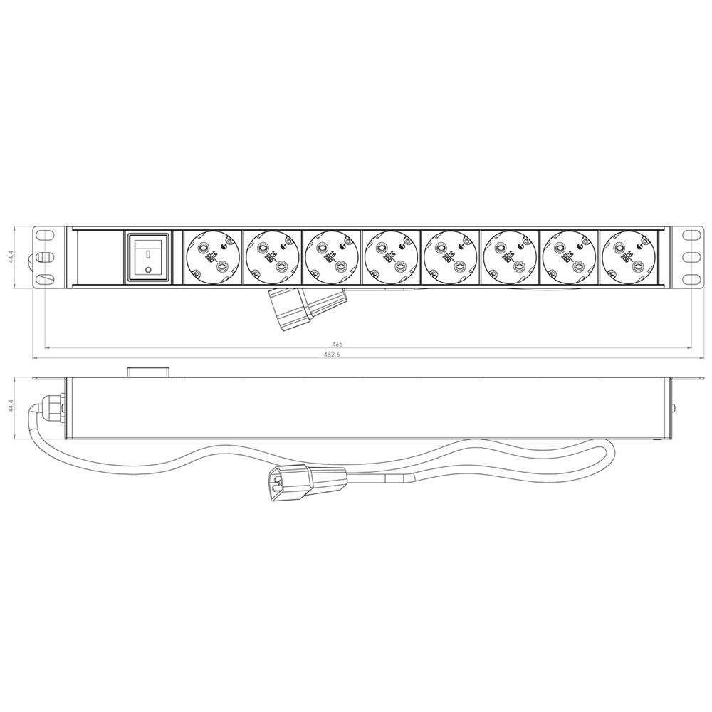 Блок розеток Hyperline SHE19-8SH-S-2.5IEC /PDU 19", горизонтальный, 8 розеток Schuko, выключатель с подсветкой, кабель питания 2.5м (3х1.0мм2) вилкой IEC 60320 C14, 10А, 230В, чёрный, 482.6x44.4x44.4мм