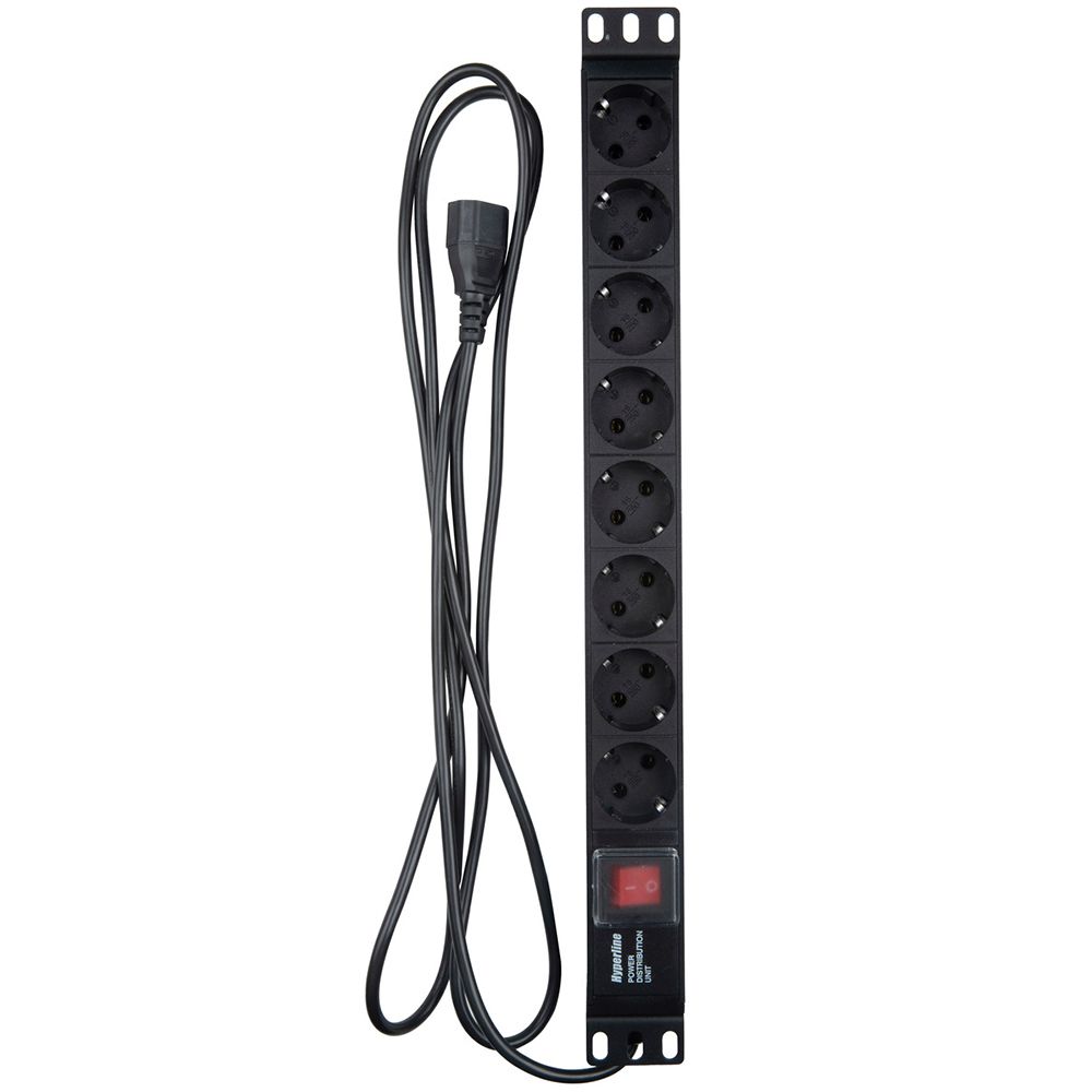 Блок розеток Hyperline SHE19-8SH-S-2.5IEC /PDU 19", горизонтальный, 8 розеток Schuko, выключатель с подсветкой, кабель питания 2.5м (3х1.0мм2) вилкой IEC 60320 C14, 10А, 230В, чёрный, 482.6x44.4x44.4мм