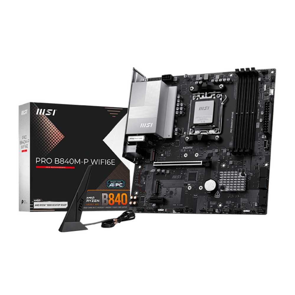 Материнская плата MSI PRO B840M-P WIFI6E B840, AM5, 4*DDR5, 1*PCIEx16, 1*PCIEx1, 2*M.2, 2*TypeC, 1*USB3.2Gen2, 4*USB3.2Gen1, 8*USB2.0, 4*SATA3.0, 2.5G, HDMI, M-ATX, RTL