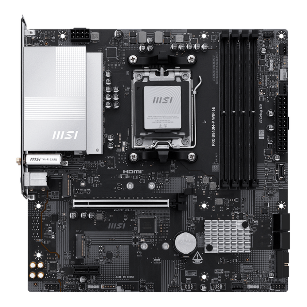 Материнская плата MSI PRO B840M-P WIFI6E B840, AM5, 4*DDR5, 1*PCIEx16, 1*PCIEx1, 2*M.2, 2*TypeC, 1*USB3.2Gen2, 4*USB3.2Gen1, 8*USB2.0, 4*SATA3.0, 2.5G, HDMI, M-ATX, RTL