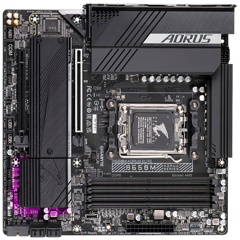Материнская плата Gigabyte OEM B650M AORUS ELITE, Socket AM5, AMD B650, 4xDDR5-5200, HDMI+DP, 2xPCI-Ex16, 4xSATA3(RAID 0/1/10), 2xM.2, 8 Ch Audio, 2.5GLan, (4+4)xUSB2.0, (7+2)xUSB3.2, (1+1)xUSB3.2 Type-C™, mATX, RTL
