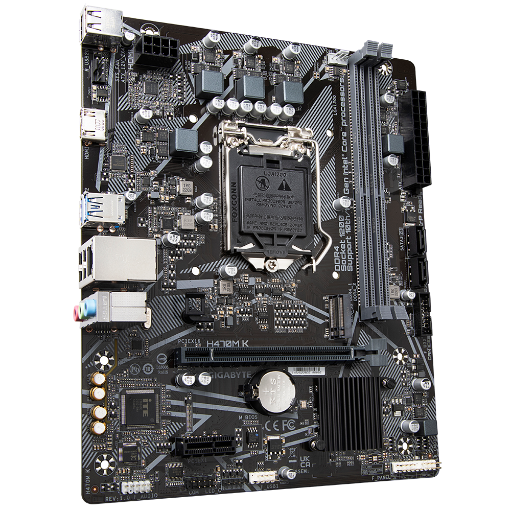 Материнская плата Gigabyte OEM H470M K, Socket 1200, Intel®H470, 2xDDR4-2333, HDMI, 1xPCI-Ex16, 1xPCI-Ex1, 2xSATA3, 1xM.2, 8 Ch Audio, GLan, (4+2)xUSB2.0, (2+2)xUSB3.2, mATX, RTL {} oem