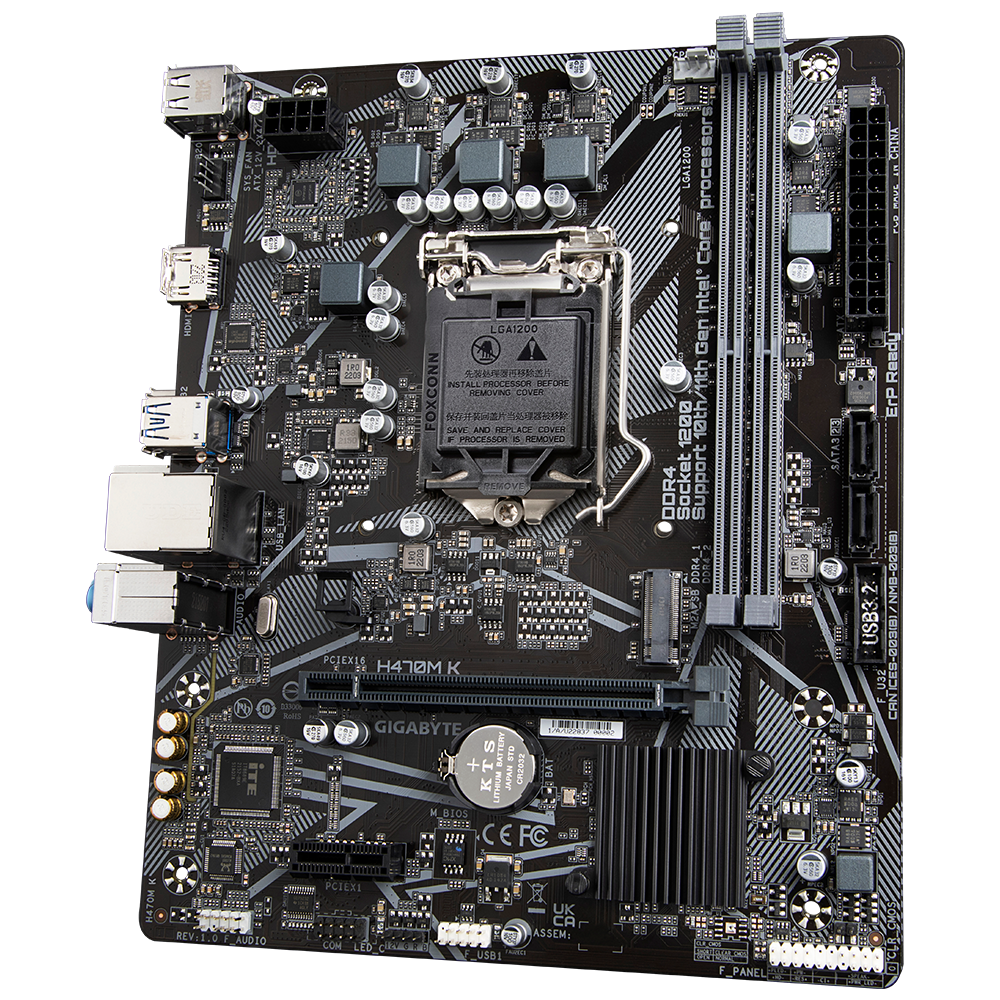 Материнская плата Gigabyte OEM H470M K, Socket 1200, Intel®H470, 2xDDR4-2333, HDMI, 1xPCI-Ex16, 1xPCI-Ex1, 2xSATA3, 1xM.2, 8 Ch Audio, GLan, (4+2)xUSB2.0, (2+2)xUSB3.2, mATX, RTL {} oem
