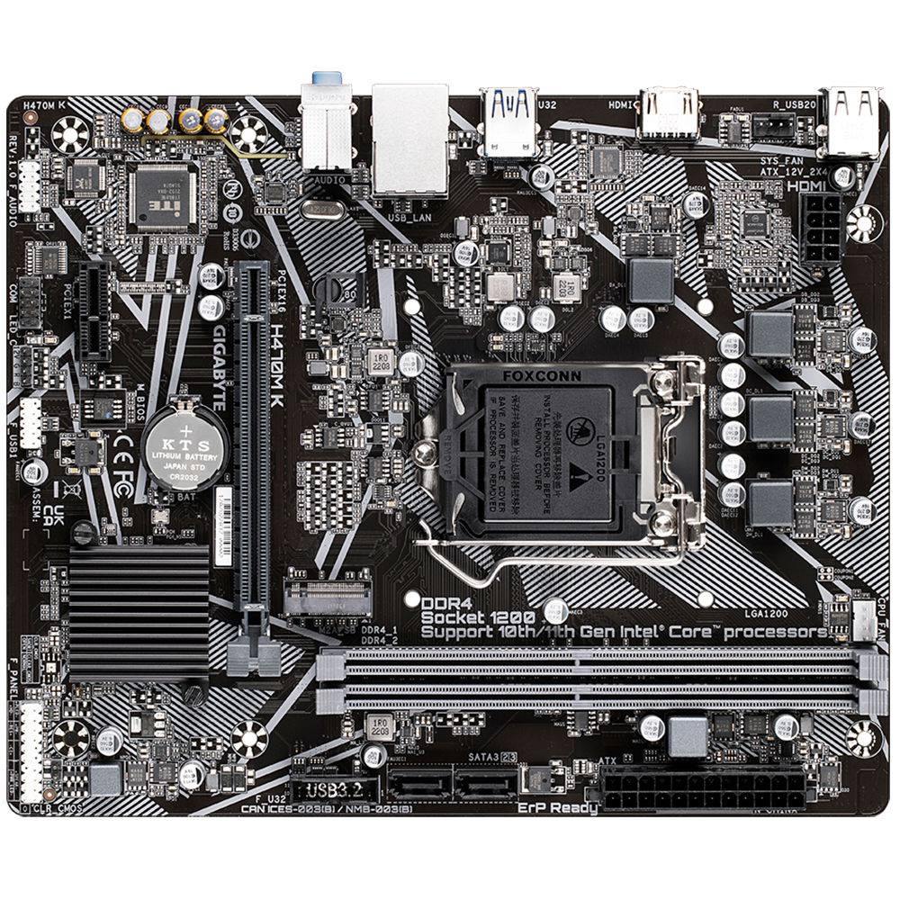 Материнская плата Gigabyte OEM H470M K, Socket 1200, Intel®H470, 2xDDR4-2333, HDMI, 1xPCI-Ex16, 1xPCI-Ex1, 2xSATA3, 1xM.2, 8 Ch Audio, GLan, (4+2)xUSB2.0, (2+2)xUSB3.2, mATX, RTL {} oem