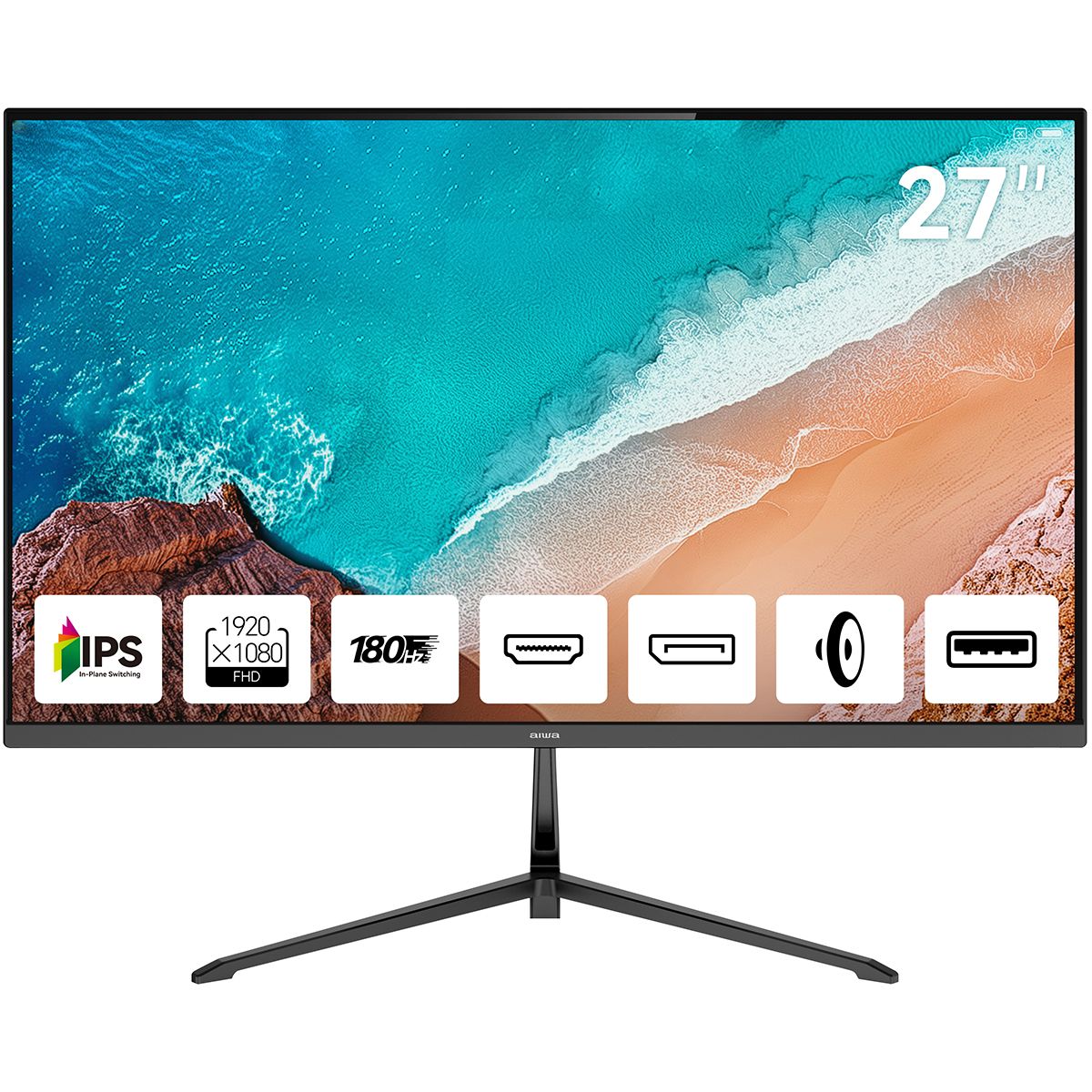 Монитор 27' Aiwa MD2712 IPS 1920x1080, 180 Гц, 1 мс, 16:9, 300 кд/м², 2xHDMI 2.0, DP 1.2, 3.5 Jack, USB Hub (1x USB), динамики (2x2 Вт), HDR10, FreeSync, G-Sync, черный