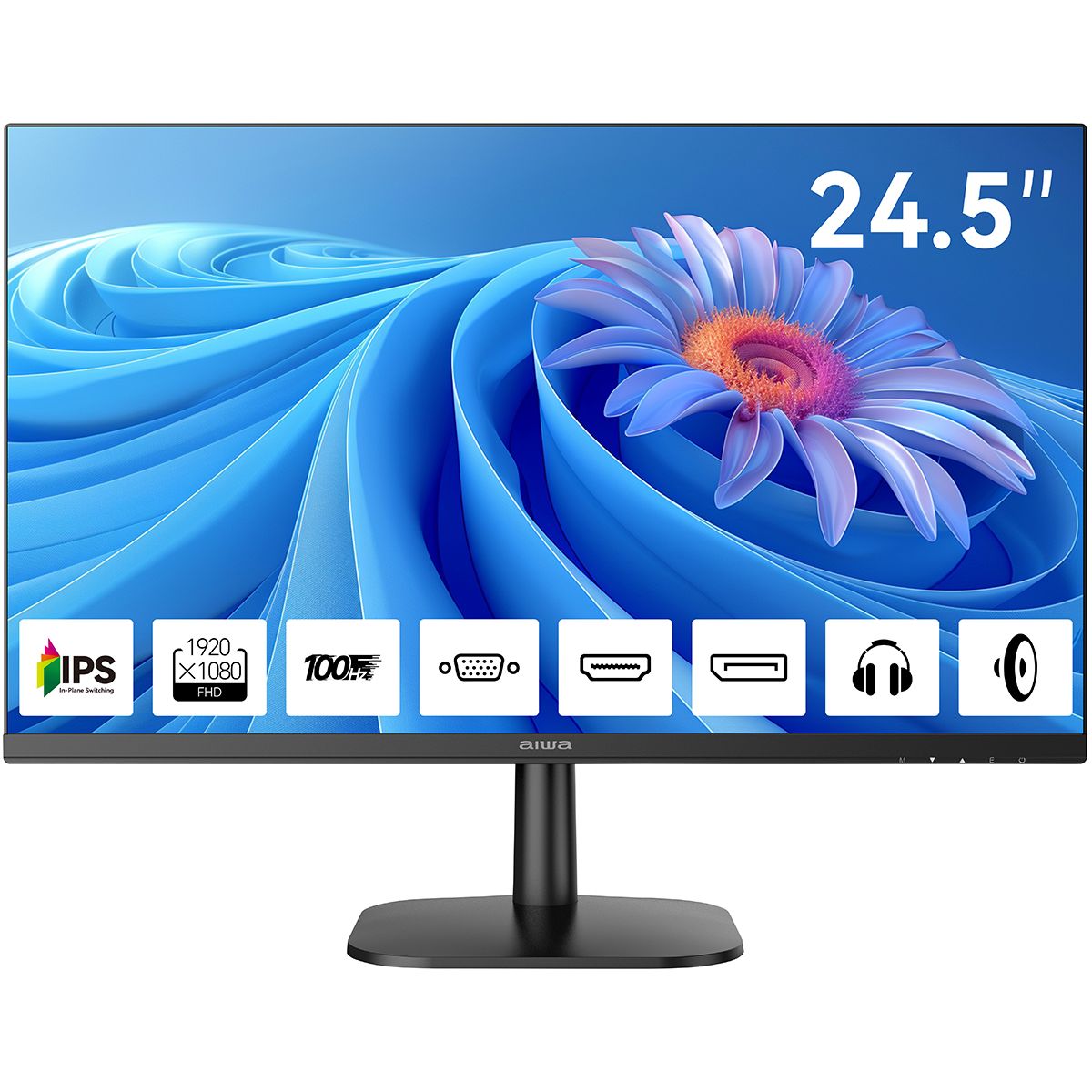 Монитор 24.5" AIWA MD2511 Black (IPS, 1920x1080, D-Sub+HDMI+DP, 4 ms, 178°/178°, 300 cd/m, 1000:1, 100Hz, Spk, внутр БП)