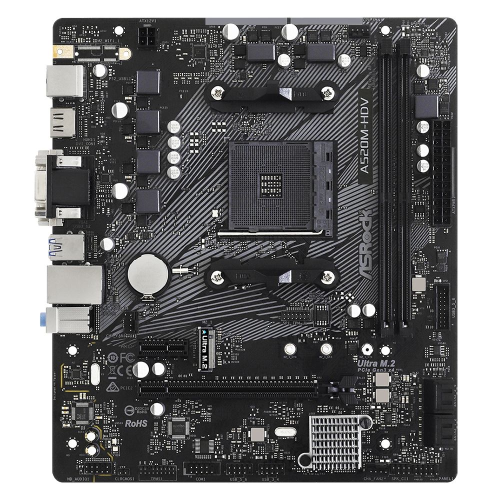 Материнская плата ASRock OEM A520M-HDV, Socket AM4, AMD A520, 2xDDR4-3200, D-SUB+DVI-D+HDMI, 1xPCI-Ex16, 1xPCI-Ex1, 4xSATA3 0/1/10), 1xM.2, 8 Ch Audio, GLan, (2+4)xUSB2.0, (4+2)xUSB3.2, 1xPS/2, mATX, RTL {20} (932267)