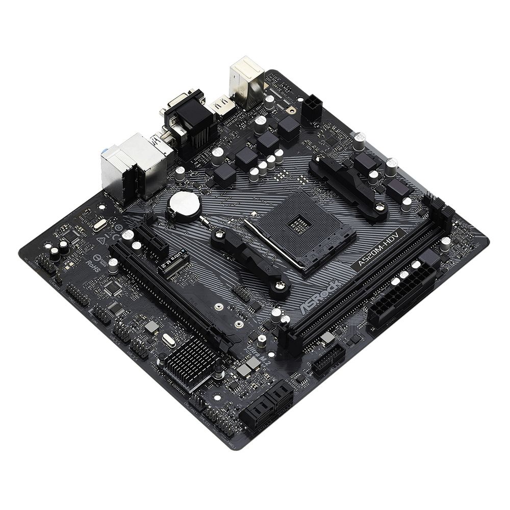 Материнская плата ASRock OEM A520M-HDV, Socket AM4, AMD A520, 2xDDR4-3200, D-SUB+DVI-D+HDMI, 1xPCI-Ex16, 1xPCI-Ex1, 4xSATA3 0/1/10), 1xM.2, 8 Ch Audio, GLan, (2+4)xUSB2.0, (4+2)xUSB3.2, 1xPS/2, mATX, RTL {20} (932267)