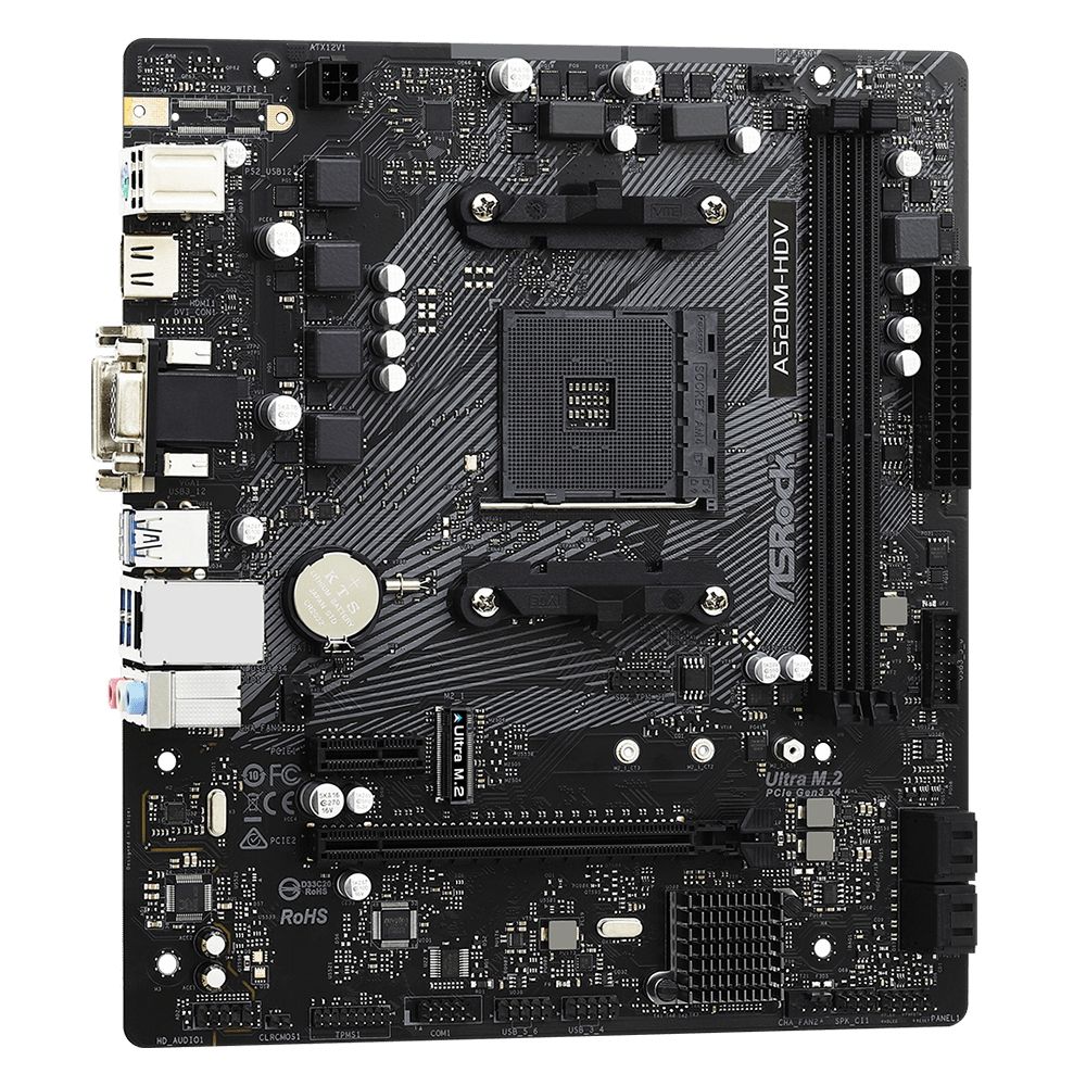 Материнская плата ASRock OEM A520M-HDV, Socket AM4, AMD A520, 2xDDR4-3200, D-SUB+DVI-D+HDMI, 1xPCI-Ex16, 1xPCI-Ex1, 4xSATA3 0/1/10), 1xM.2, 8 Ch Audio, GLan, (2+4)xUSB2.0, (4+2)xUSB3.2, 1xPS/2, mATX, RTL {20} (932267)