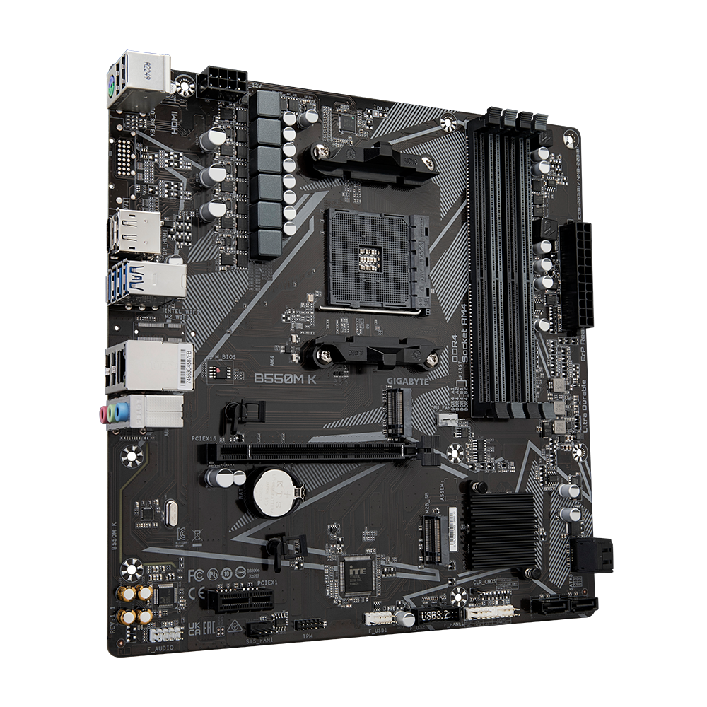 Материнская плата Gigabyte OEM B550M K, Socket AM4, AMD B550, 4xDDR4-3200, HDMI+DP, 1xPCI-Ex16, 1xPCI-Ex1, 4xSATA3(RAID 0/1/10), 2xM.2, 8 Ch Audio, GLan, (4+2)xUSB2.0, (4+2)xUSB3.2, 1xPS/2, mATX, RTL {10}